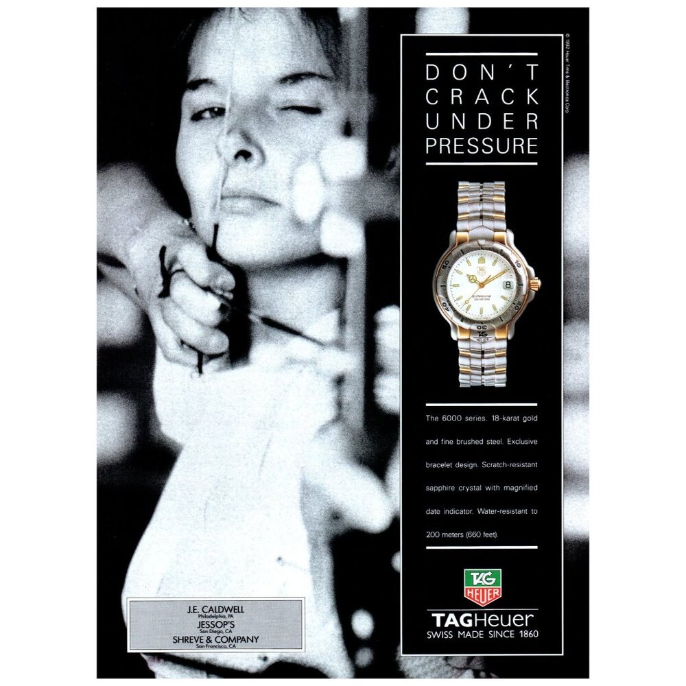 1993 Tag Heuer 6000 Series Watch Vintage Print Ad Woman Archer Archery Wall Art